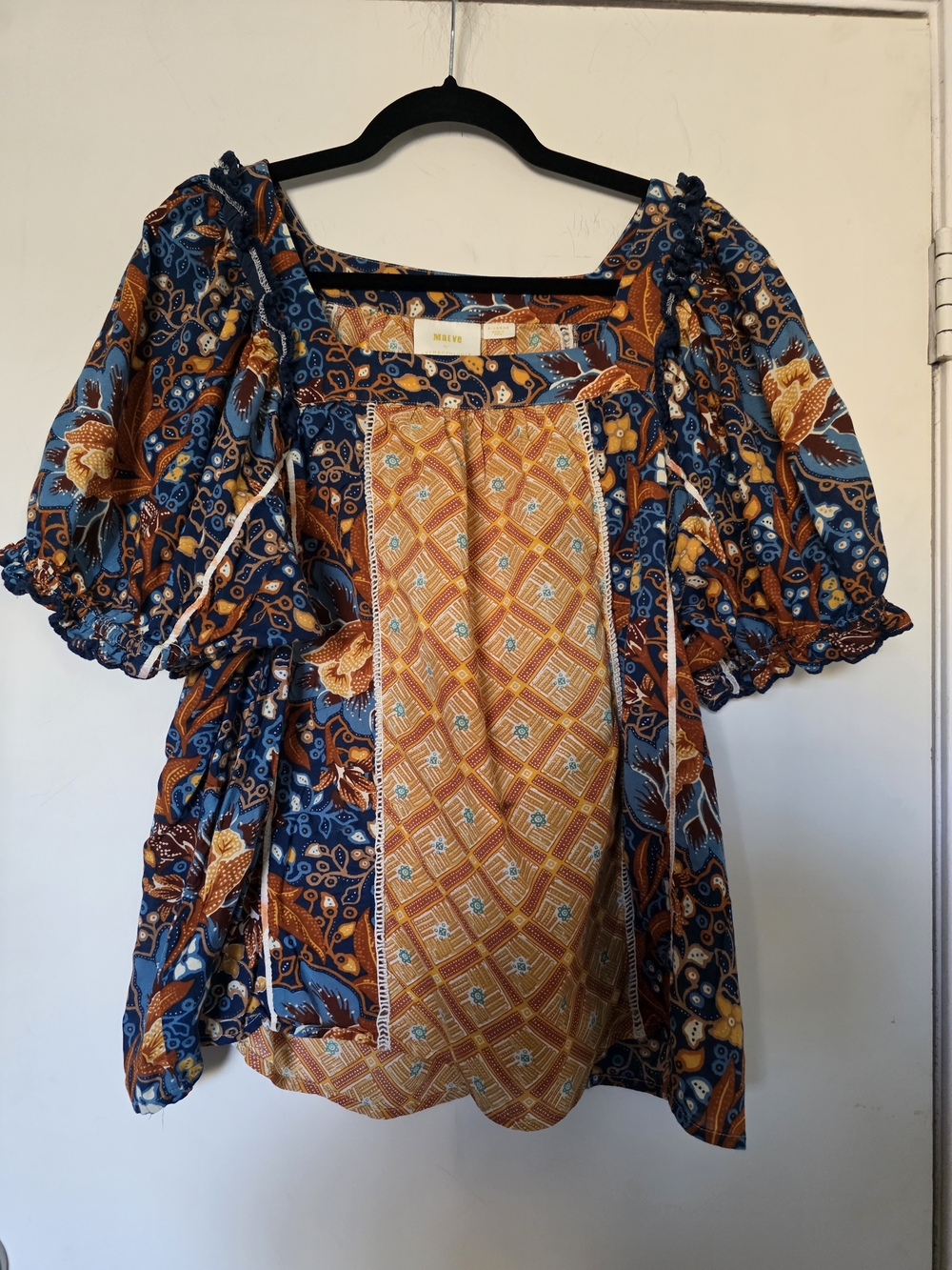Maeve Blue and Gold Printed Peasant Blouse